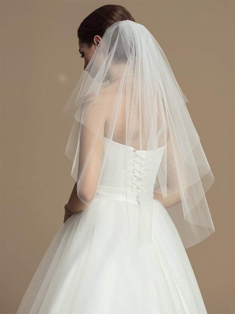 Unsutuo 2 Tiers Bride Wedding Veil Short Fingertip Bridal Tulle Veil with Comb and Cut Edge (Ivory) - Image 1
